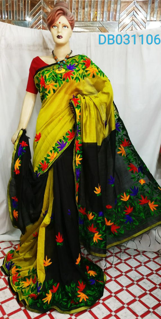 Yellow Black Handloom Pure Cotton Silk Sarees