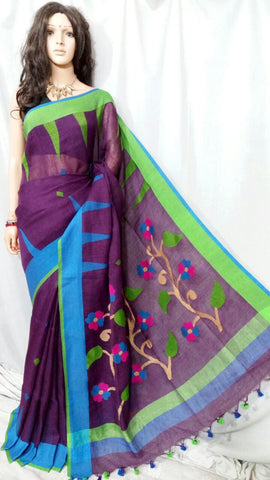 Purple Pure Linen Jamdani Sarees Get Extra 10% Discount on All Prepaid Transaction
