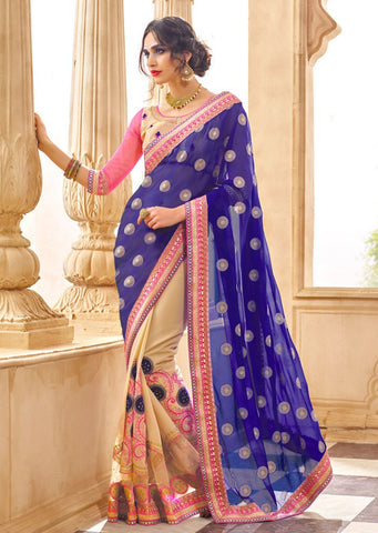 Beige Blue Designer Party Wear Sarees