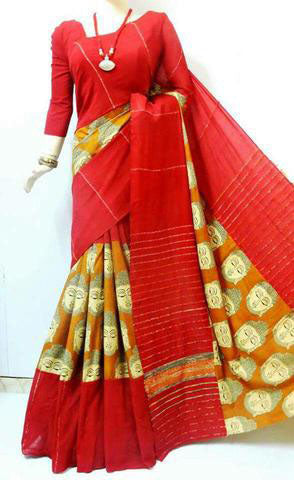 Red Yellow Khesh Sarees - Dailybuyys