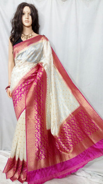 White Pink Maheshmati Silk Sarees