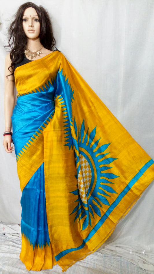 Yellow Blue Pure Silk Mark Certified Murshidabad Silk Sarees - Dailybuyys