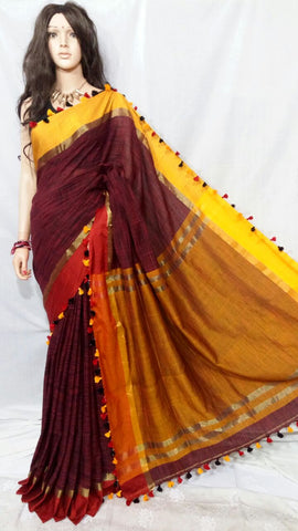 Marron Yellow Bengal Handloom Khadi Sarees