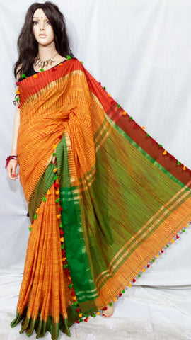 Orange Bengal Handloom Khadi Sarees