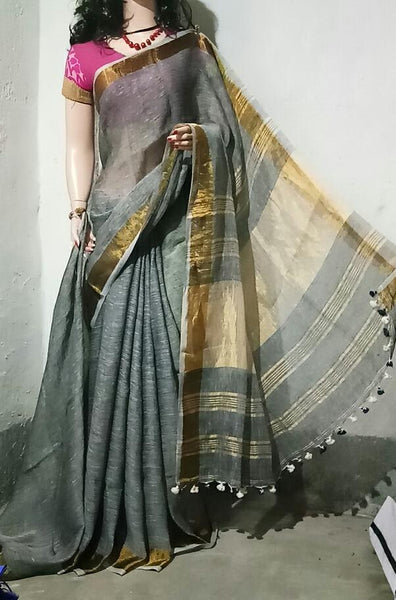 Grey Pure Linen Sarees