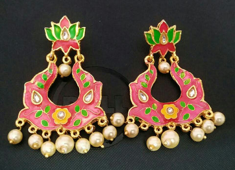 Pink Kundan Meena Earrings Get Extra 10% Discount on All Prepaid Transaction