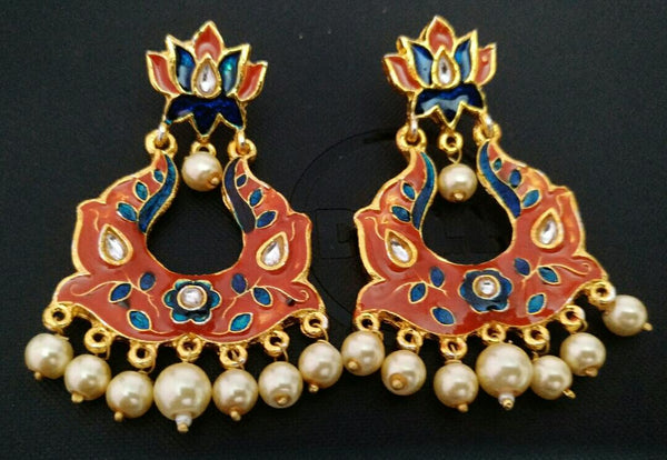 Orange Kundan Meena Earrings