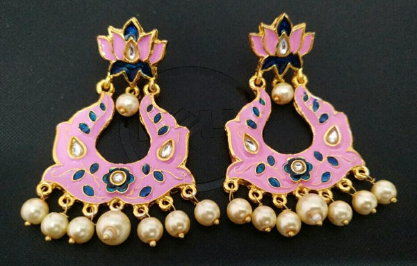 Pink Kundan Meena Earrings