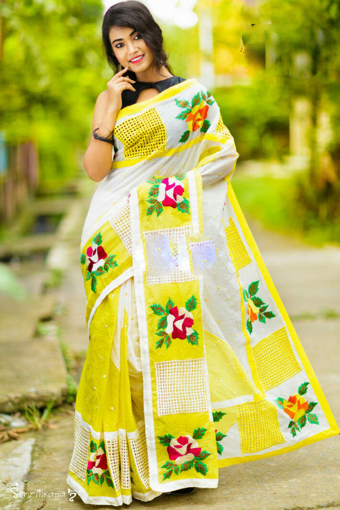 Yellow Jamdani Kathiawari Sarees