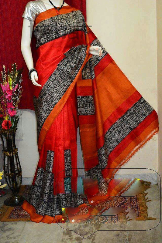 Orange Pure Silk Mark Certified Murshidabad Silk Sarees - Dailybuyys
