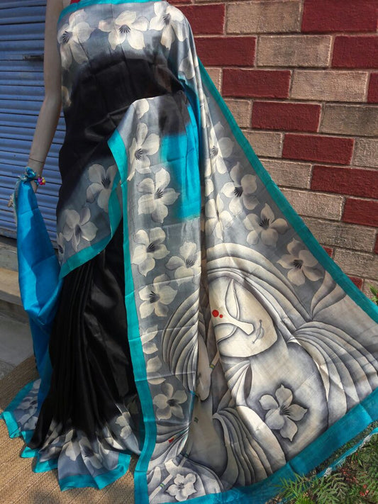 Black Blue Pure Silk Mark Certified Murshidabad Silk Sarees - Dailybuyys