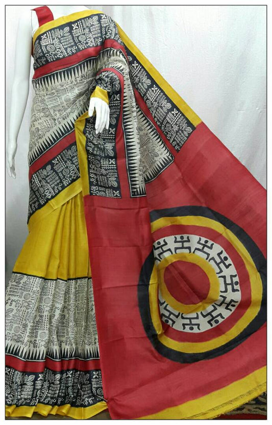 Yellow Red Pure Silk Mark Certified Murshidabad Silk Sarees - Dailybuyys