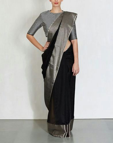 Grey Black Pure Linen Sarees - Dailybuyys