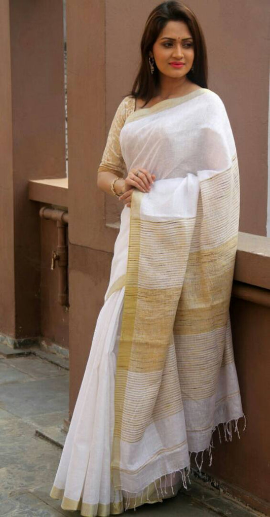 White Pure Linen Sarees - Dailybuyys