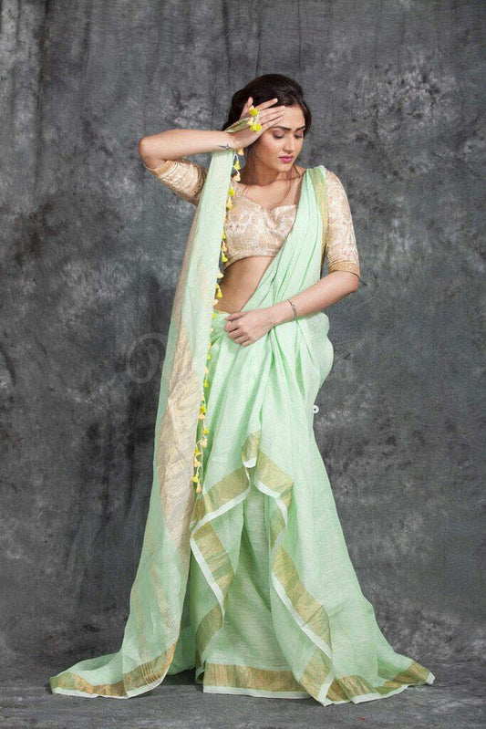 White Green Pure Linen Sarees - Dailybuyys