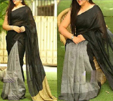 Black Grey Pure Linen Sarees - Dailybuyys