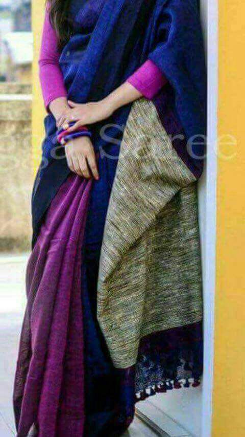 Blue Purple Pure Linen Sarees - Dailybuyys