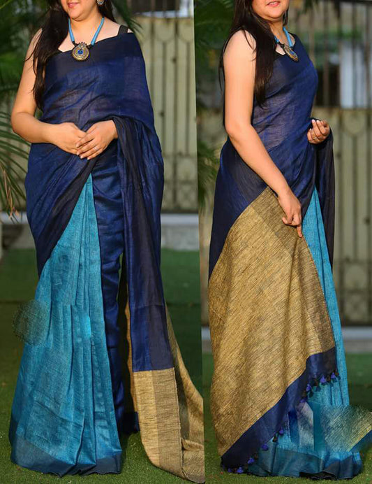Blue Pure Linen Sarees - Dailybuyys