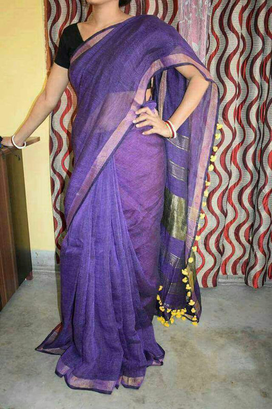 Purple Pure Linen Sarees - Dailybuyys