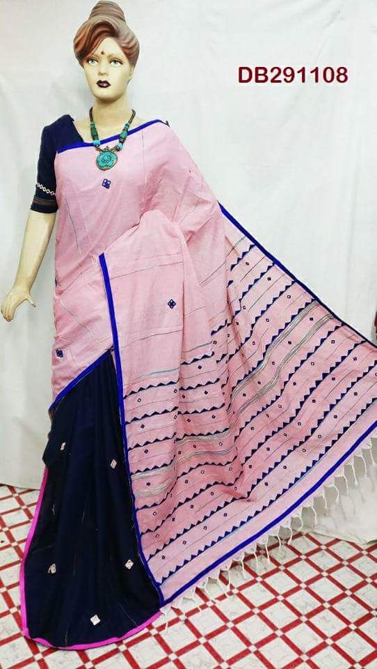 Pink Blue Mirror Work Khesh Sarees - Dailybuyys
