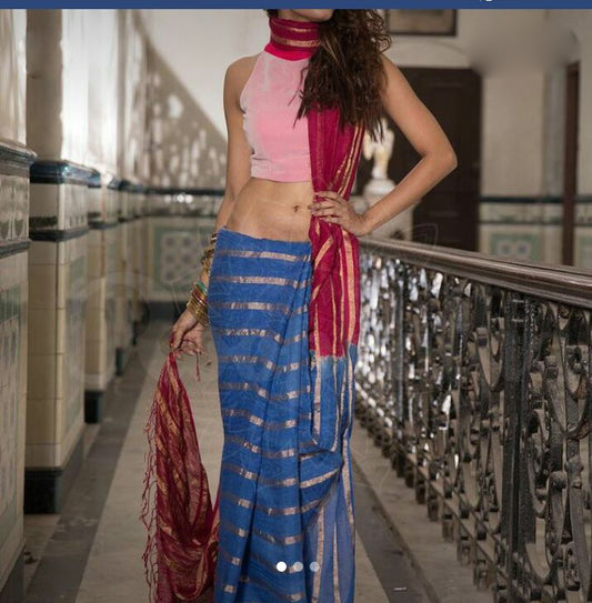 Blue Red Pure Linen Sarees - Dailybuyys