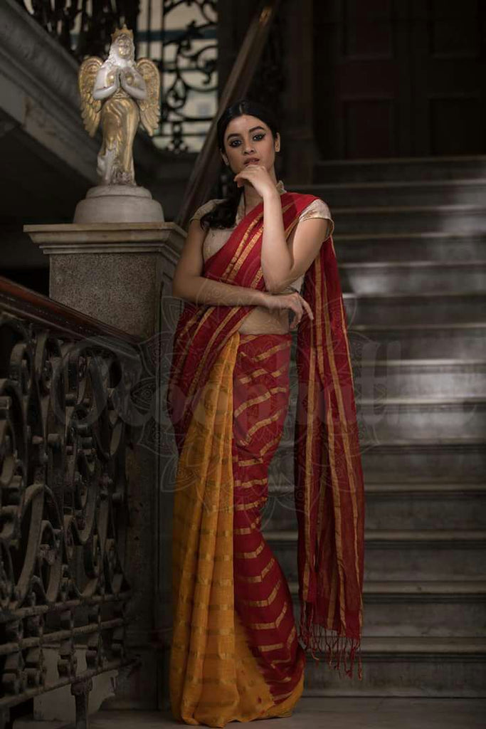 Yellow Red Pure Linen Sarees