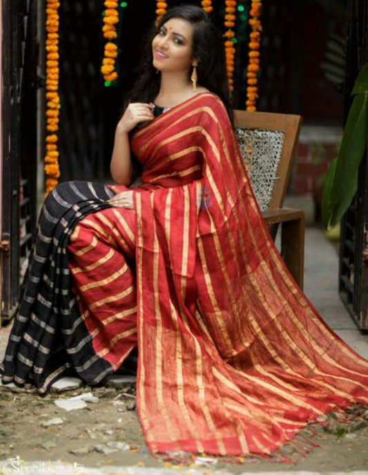 Black Red Pure Linen Sarees - Dailybuyys