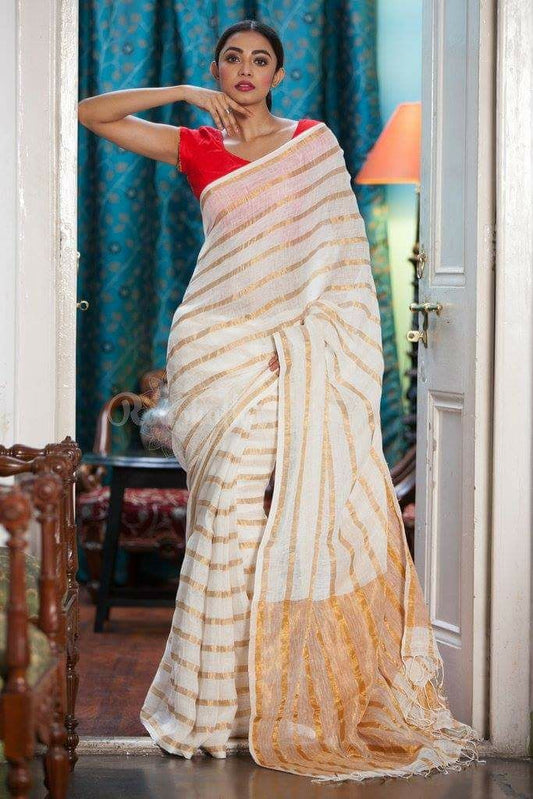 White Red Pure Linen Sarees - Dailybuyys