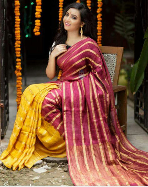 Yellow Red Pure Linen Sarees