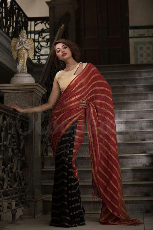 Black Red Pure Linen Sarees - Dailybuyys