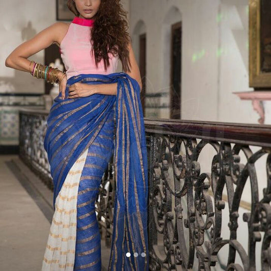 Blue White Pure Linen Sarees - Dailybuyys