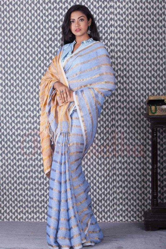 Blue Golden Pure Linen Sarees - Dailybuyys