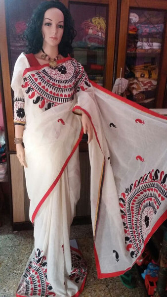 White Red Kathiawari Sarees