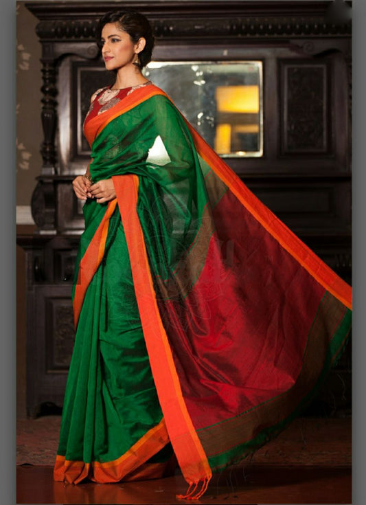 Green Brown Bengal Handloom Khadi Sarees - Dailybuyys
