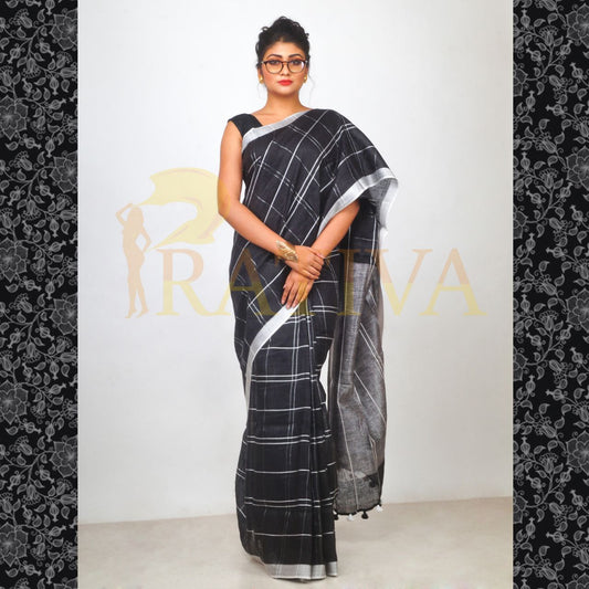 Grey & Black Pure Linen Sarees - Dailybuyys