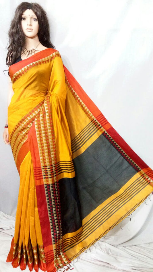 Yellow Black Velvet Border Pure Cotton Silk Sarees - Dailybuyys