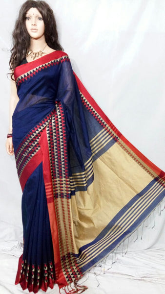 Blue Red Velvet Border Bengal Handloom Silk Sarees
