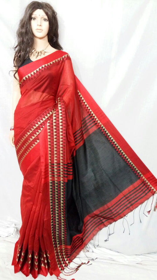 Red Black Velvet Border Pure Cotton Silk Sarees - Dailybuyys