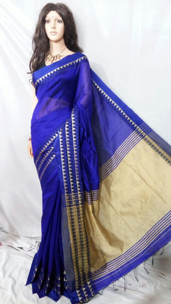 Blue Beige Velvet Border Bengal Handloom Silk Sarees