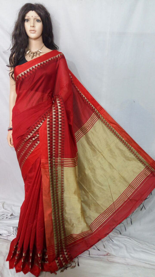 Red Beige Velvet Border Pure Cotton Silk Sarees - Dailybuyys
