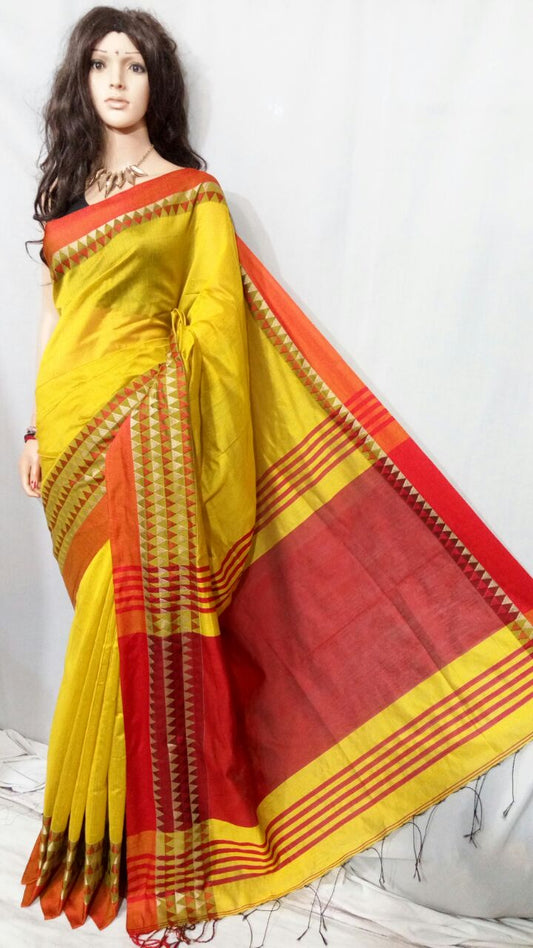 Yellow Red Velvet Border Pure Cotton Silk Sarees - Dailybuyys