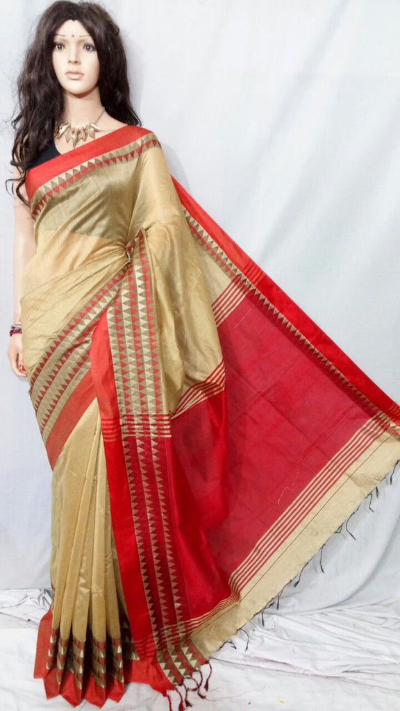 Beige Red Velvet Border Bengal Handloom Silk Sarees