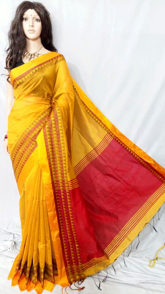 Yellow Red Velvet Border Pure Cotton Silk Sarees - Dailybuyys