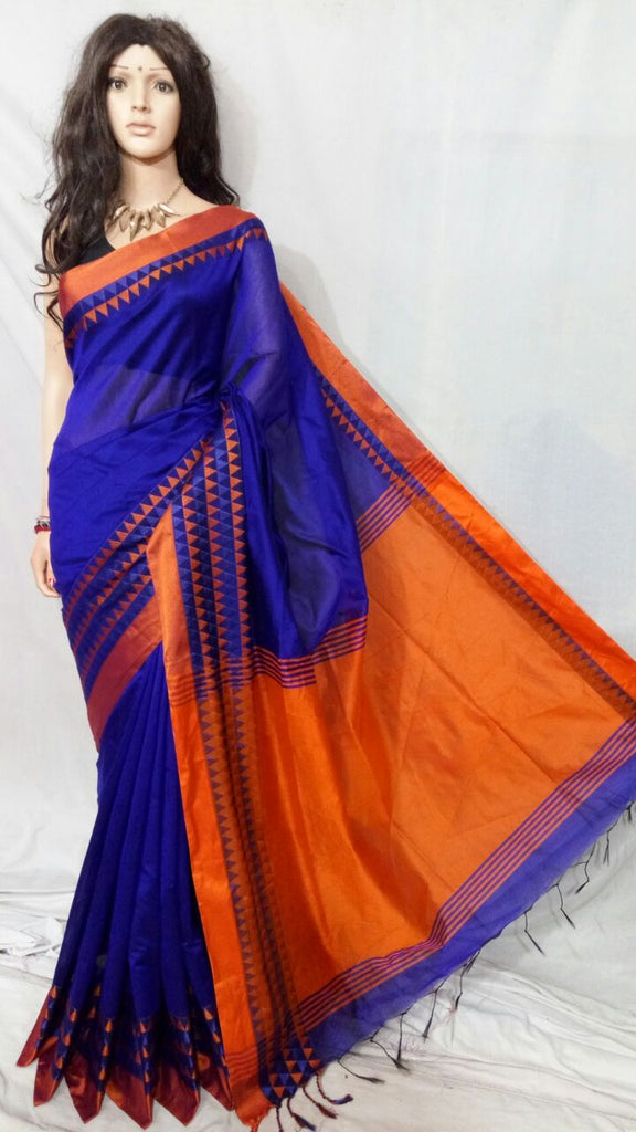 Blue Orange Velvet Border Bengal Handloom Silk Sarees