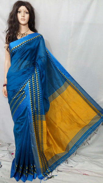 Blue Yellow Velvet Bengal Handloom Silk Sarees