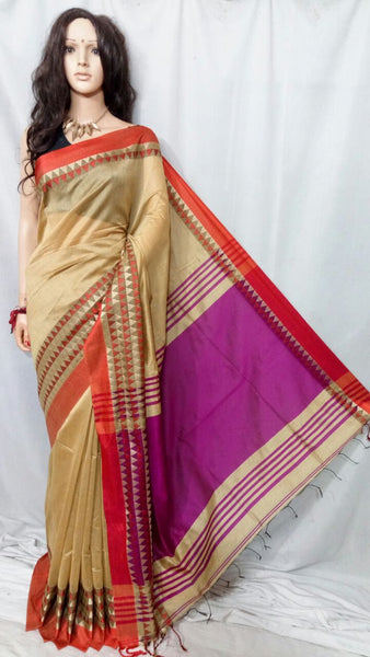 Beige Pink Velvet Border Bengal Handloom Silk Sarees