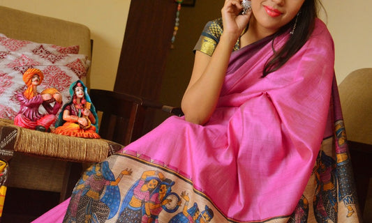 Pink  Zari Border Pure Silk Mark Certified Tussar Silk Sarees - Dailybuyys