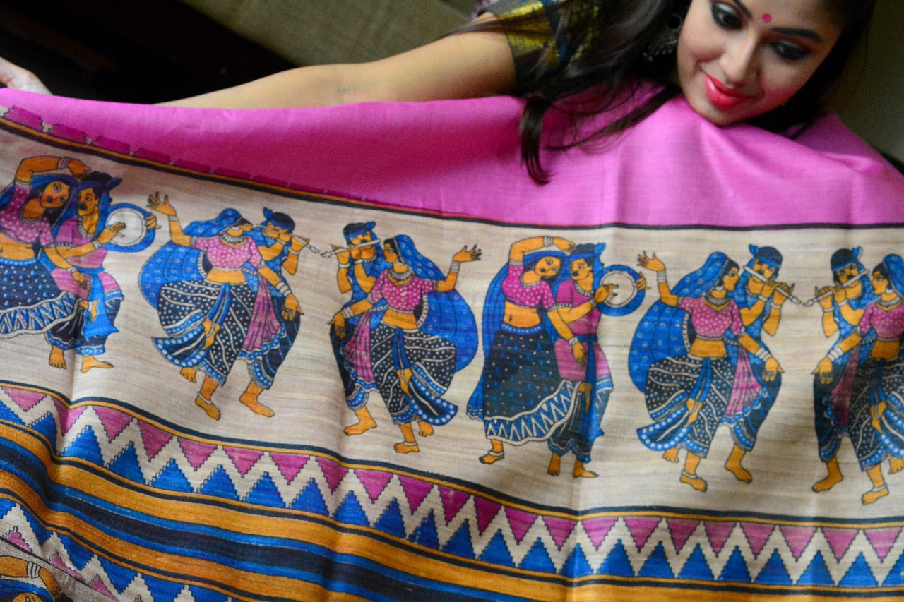 Pink  Zari Border Pure Silk Mark Certified Tussar Silk Sarees - Dailybuyys