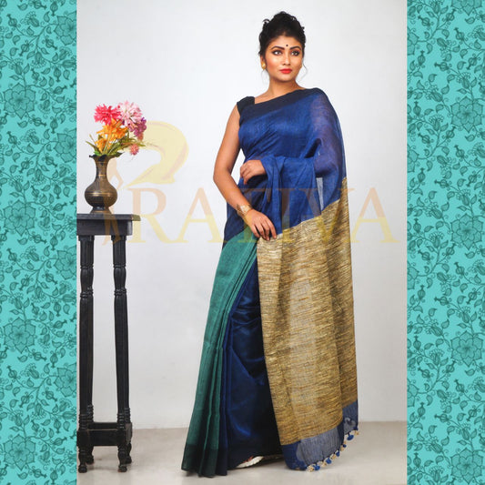 Blue Green Pure Linen Sarees - Dailybuyys