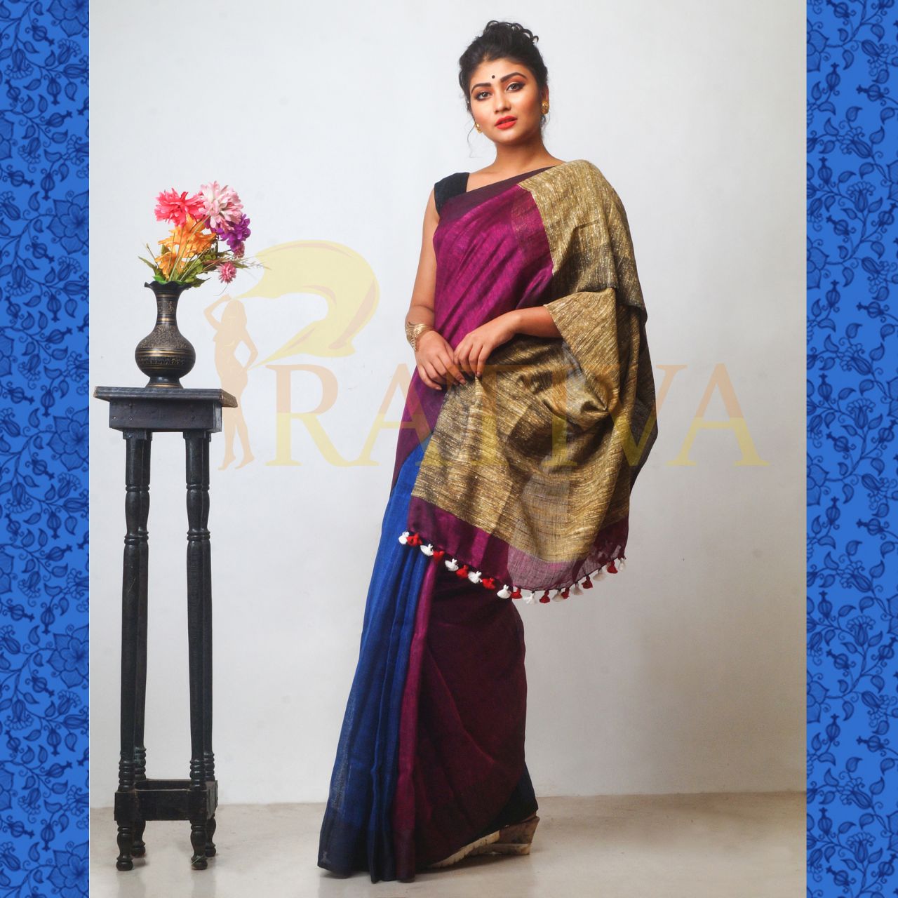 Blue Violet Pure Linen Sarees - Dailybuyys